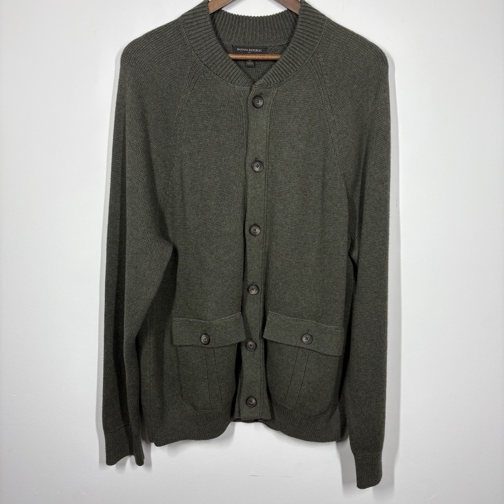 Banana Republic Mens Button Up Cardigan Sweater Size XL Olive Green Cotton Blend